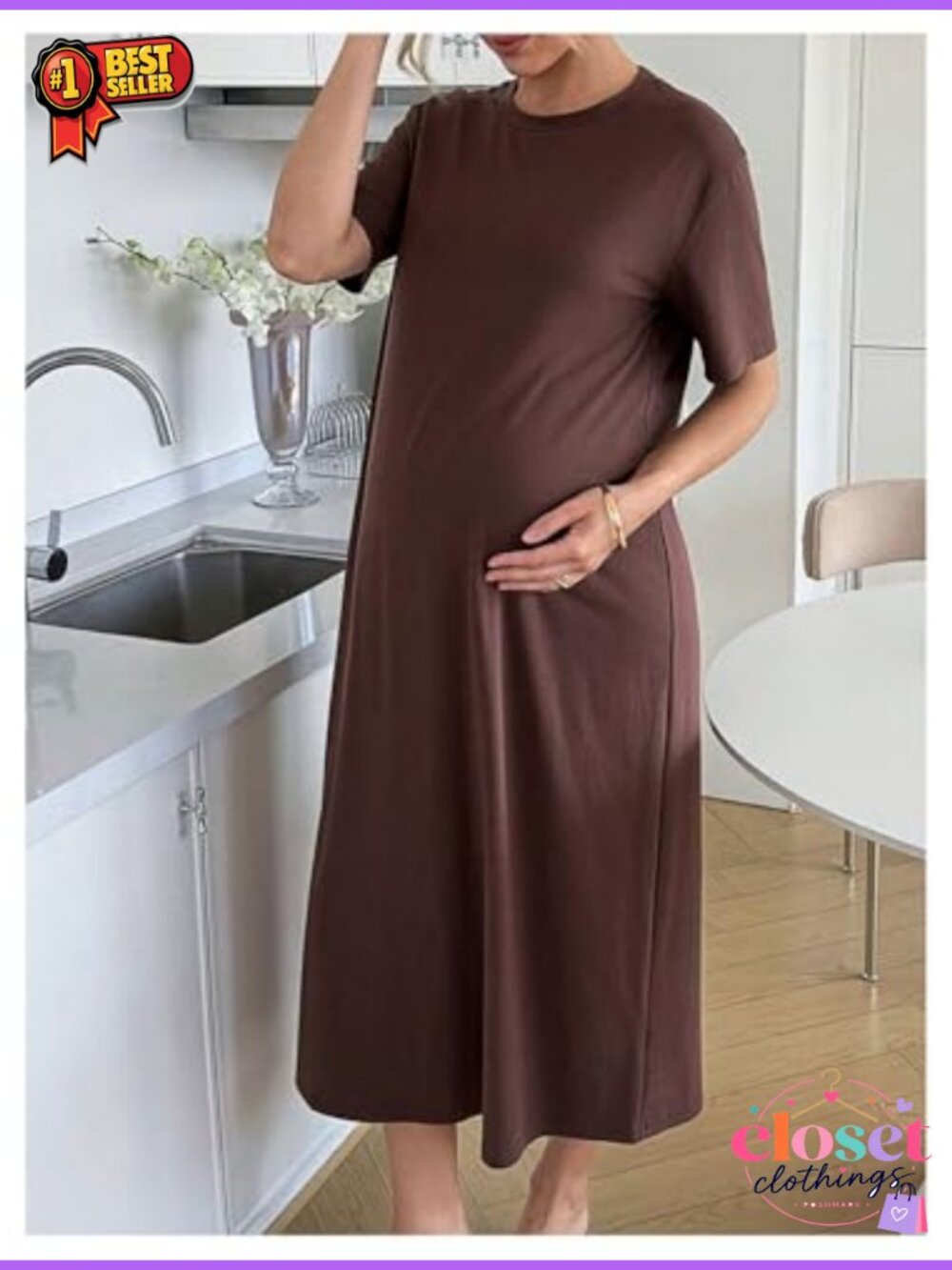 Maternity Maxi Dress Short Sleeve Loose Fit Summer Casual Pregnancy Tshirt Dress - Picture 2 of 4